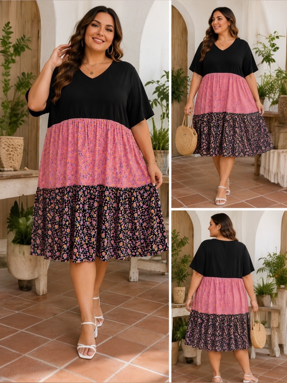 Sason Curve Floral Tiered Babydoll Dress Size 4XL Black Pink Boho Cottagecore